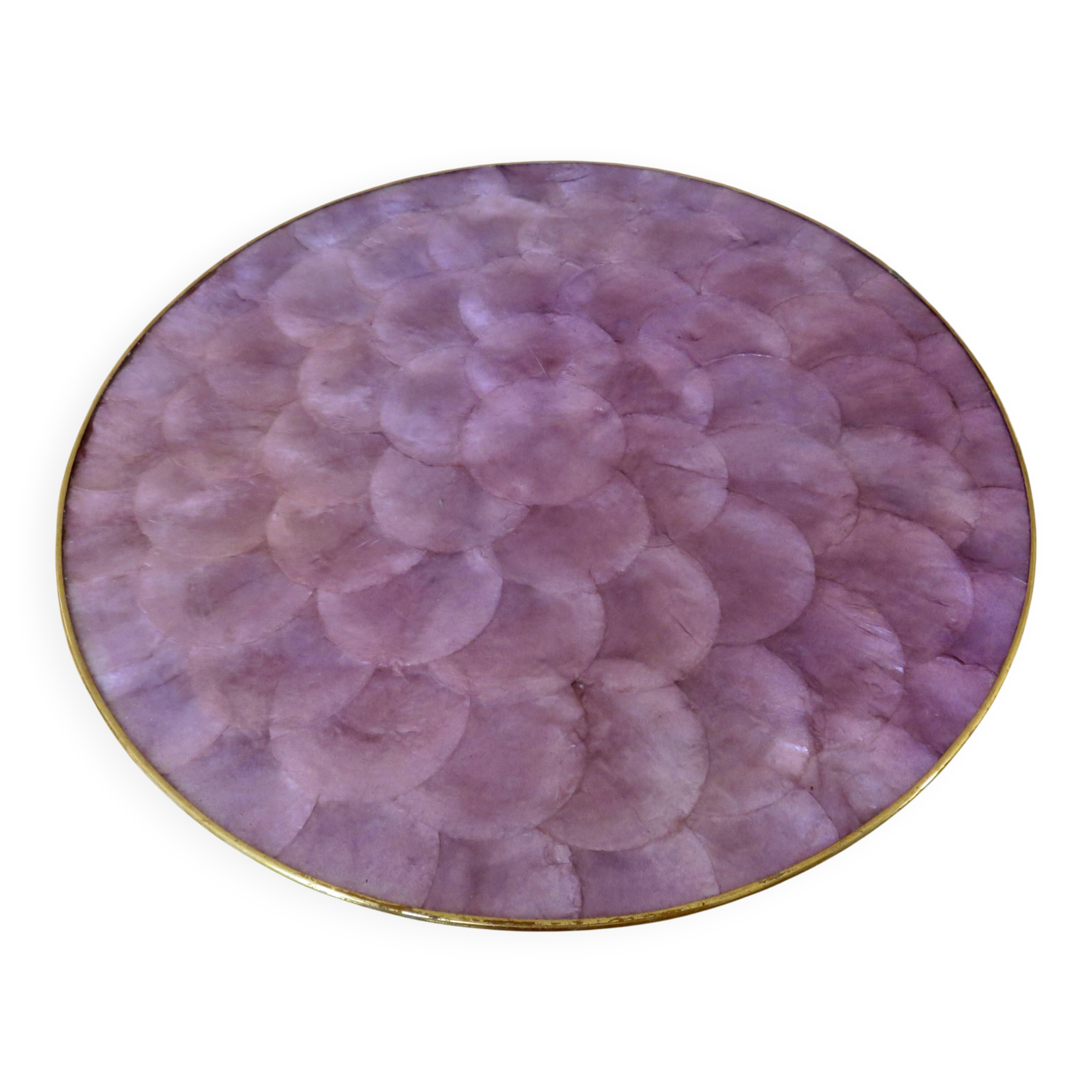 Purple mother-of-pearl trivet, Capiz from the Philippines, brass rim 1970.