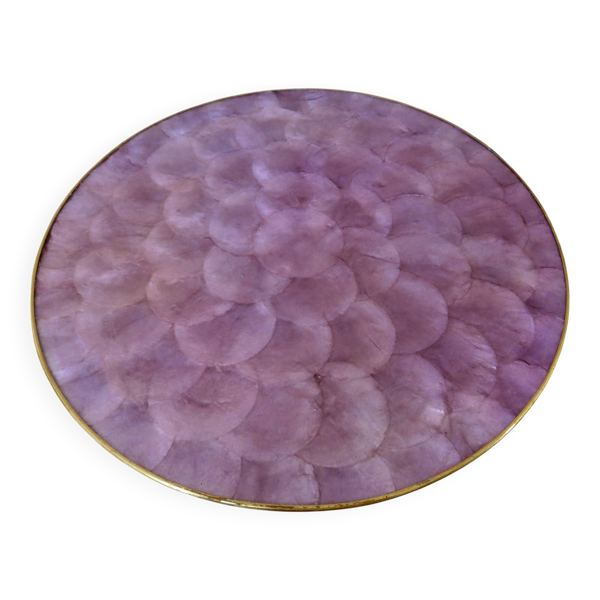 Dessous de plat en nacre mauve, Capiz des Philippines, cerclage laiton 1970