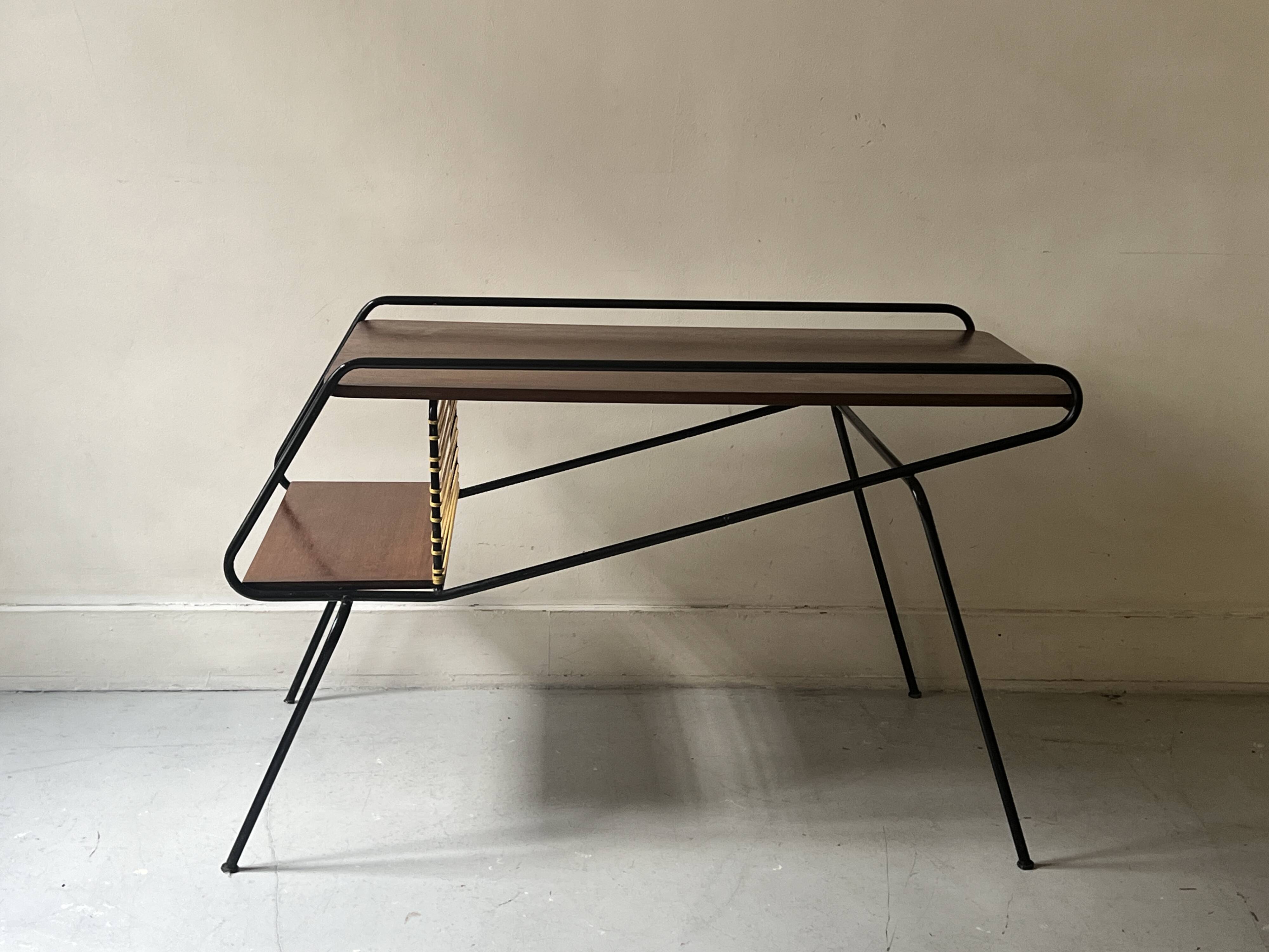 Modernist TV/Hifi table in wood & metal by J. Hitier, French design 1950.