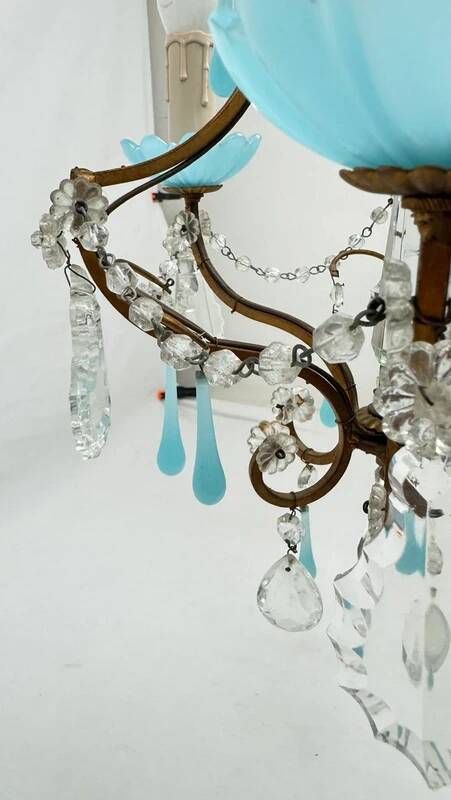 Small Italian chandelier in brass, blue opaline and tassels, 1950s