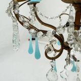 Small Italian chandelier in brass, blue opaline and tassels, 1950s