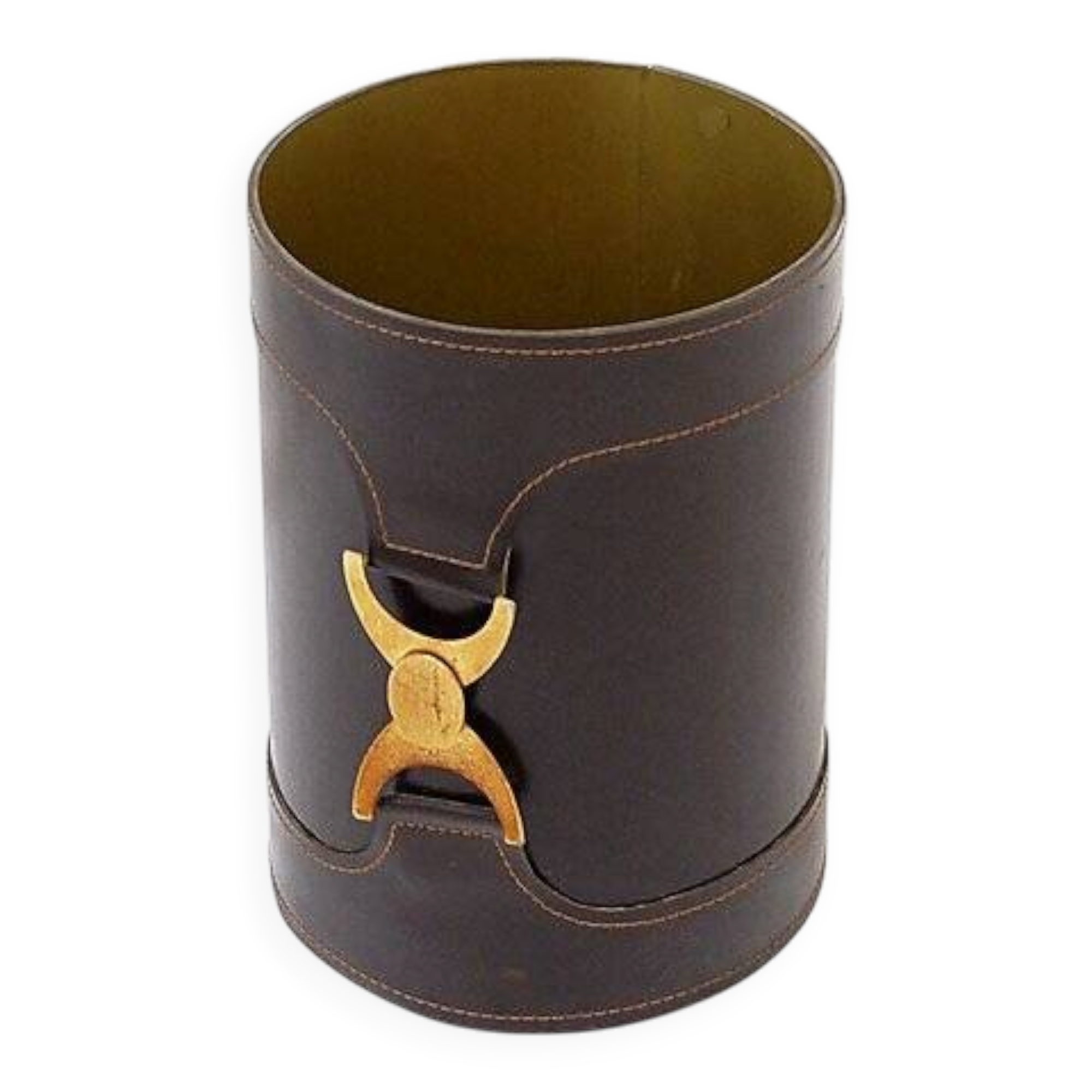 Brown leather wastepaper basket with decorative gold metal buckle.