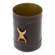 Brown leather wastepaper basket with decorative gold metal buckle.