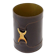 Brown leather wastepaper basket with decorative gold metal buckle.