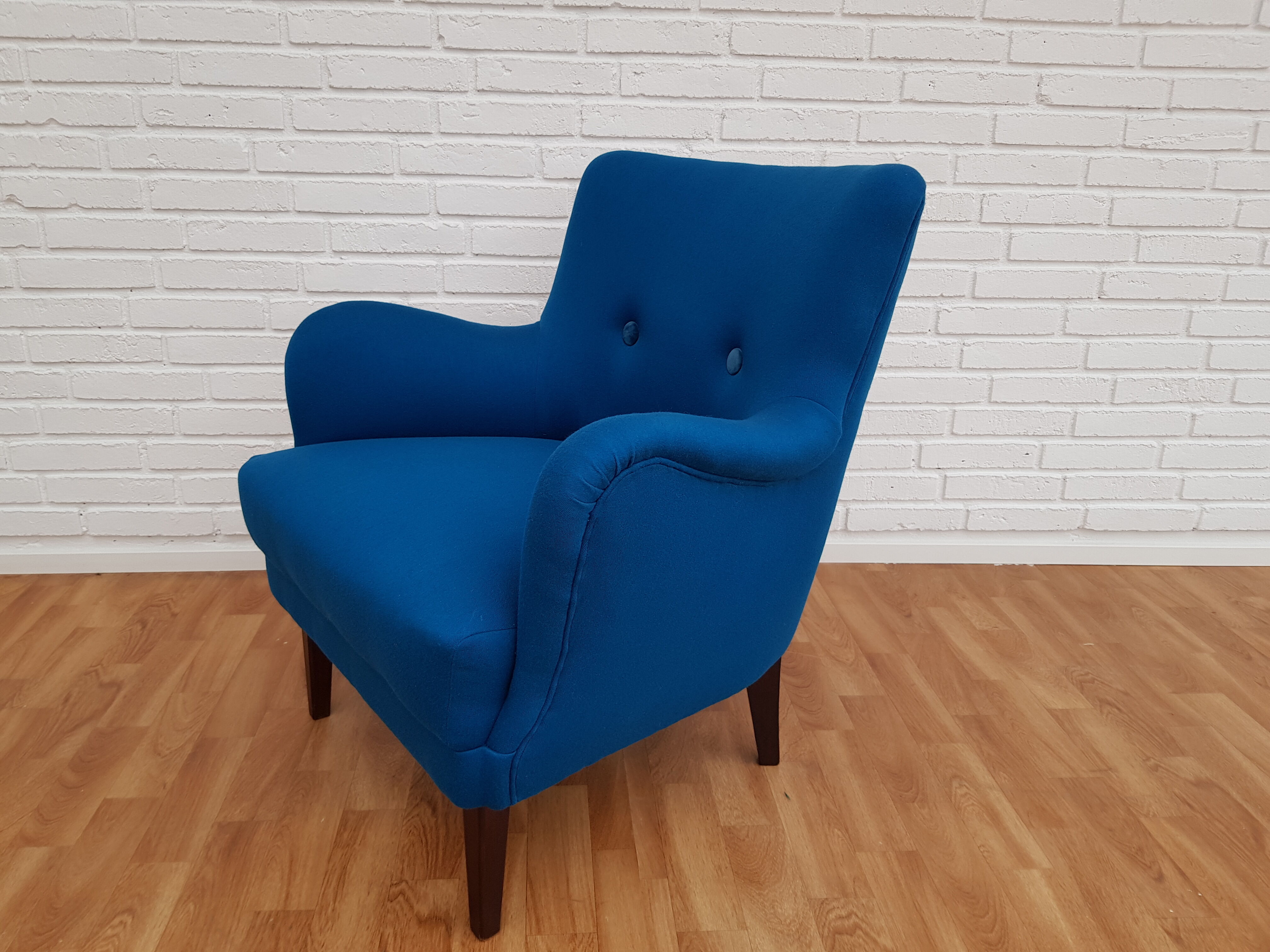 Danish designed armchair, wool, beech, completely renovated