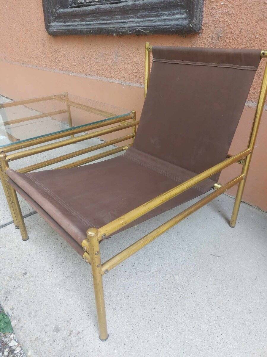 1960s vintage set — brass and glass chairs and table in straw yellow (set of 3)