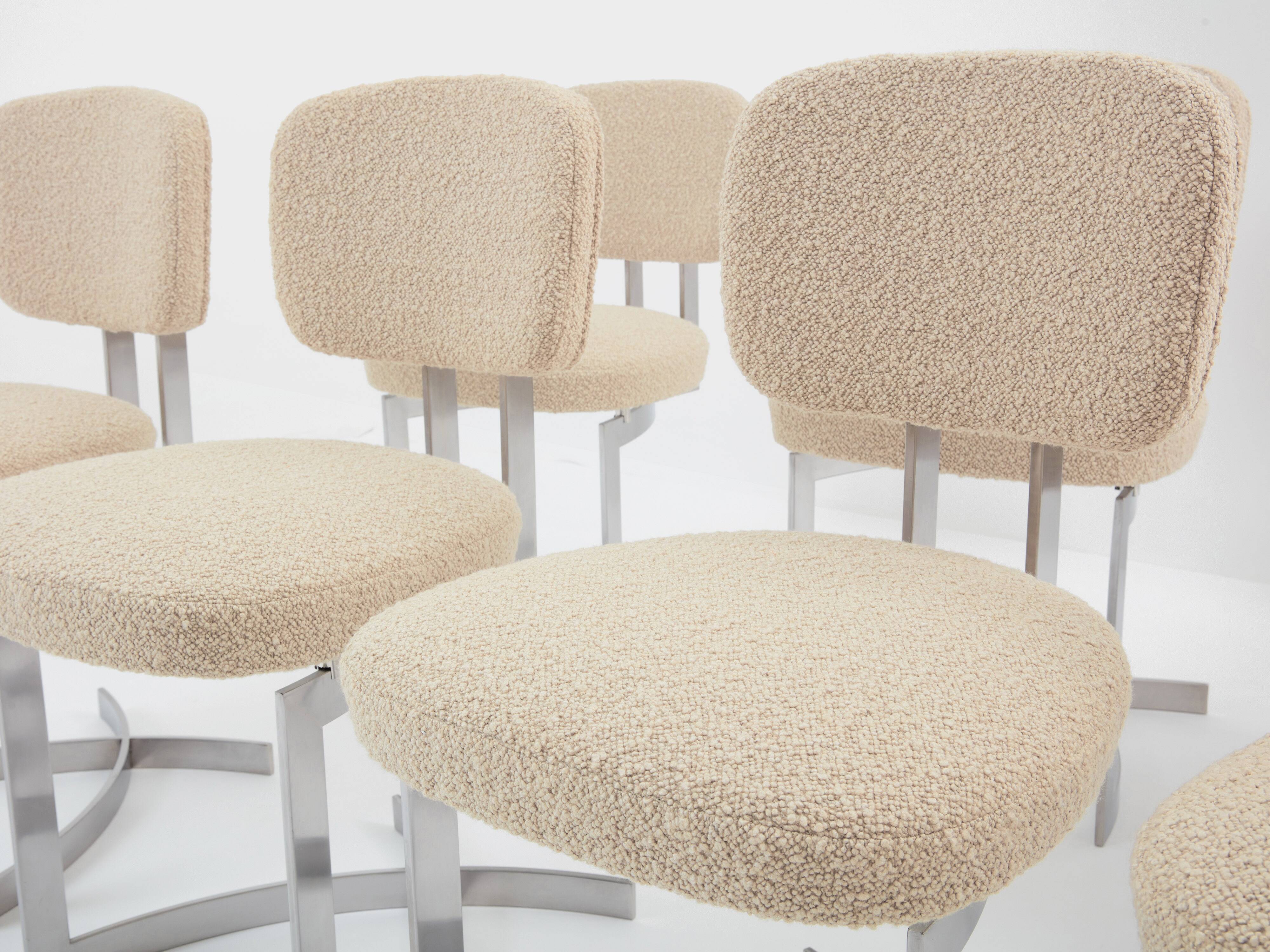 Paul Legeard set of 12 stainless steel and curly wool chairs 1970