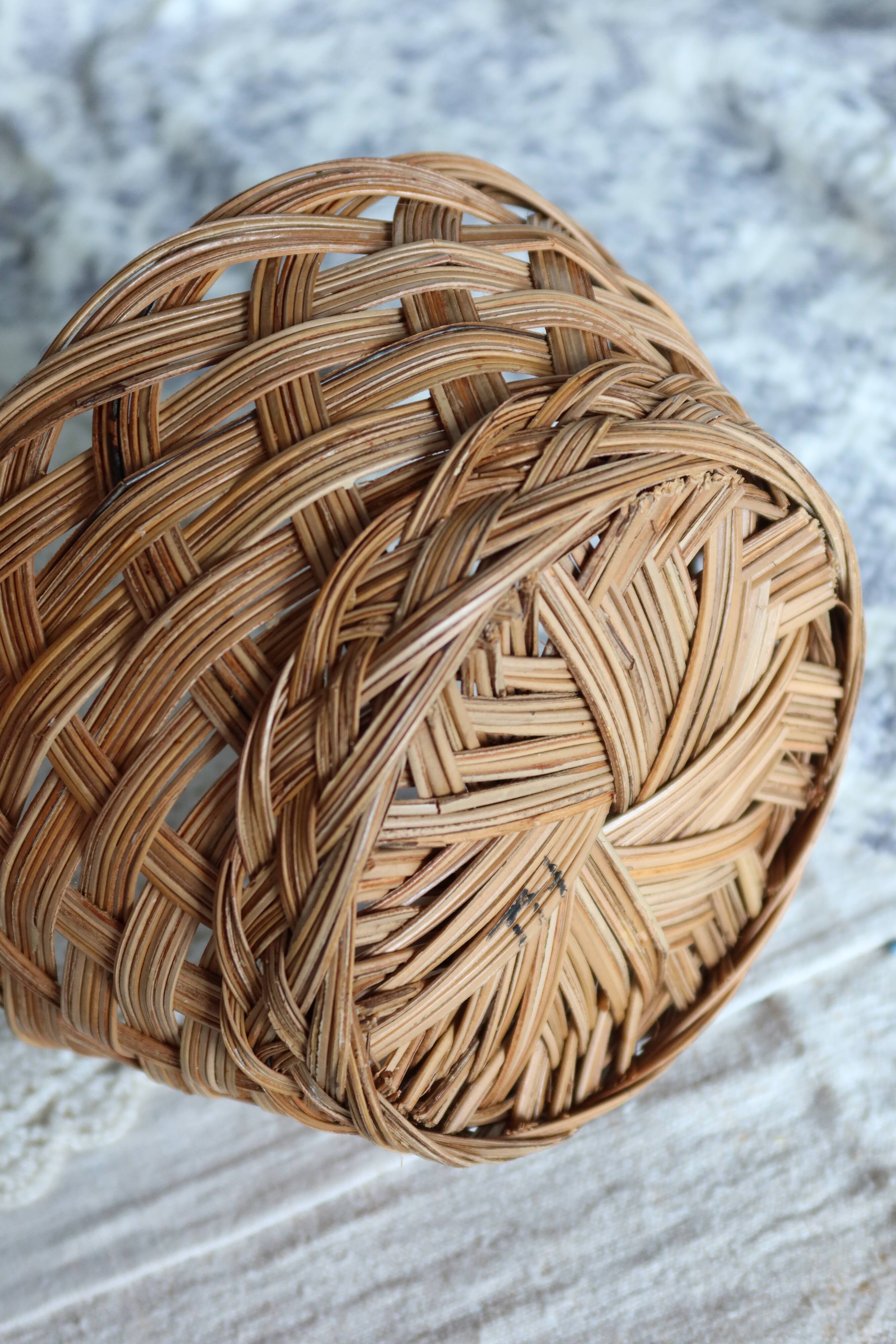 Vintage Round Natural Wicker Basket - Rustic Cross Weave