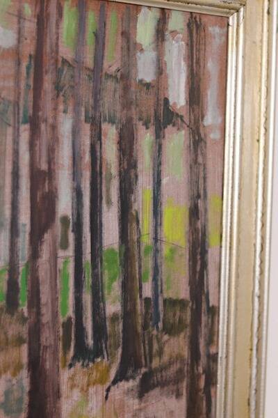 Original mid-century Swedish oil on panel – “Tree Trunks” by Harry Wichmann – dated 1953 – vintage & framed – 69 × 71 cm
