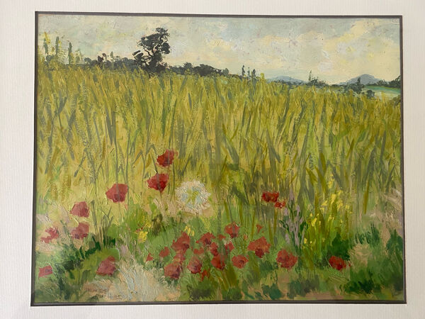 Tableau huile sur papier marcel juillard champs coquelicot cadre bois