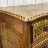 Commode de style Louis XV des années 1950 en merisier et loupe d'orme