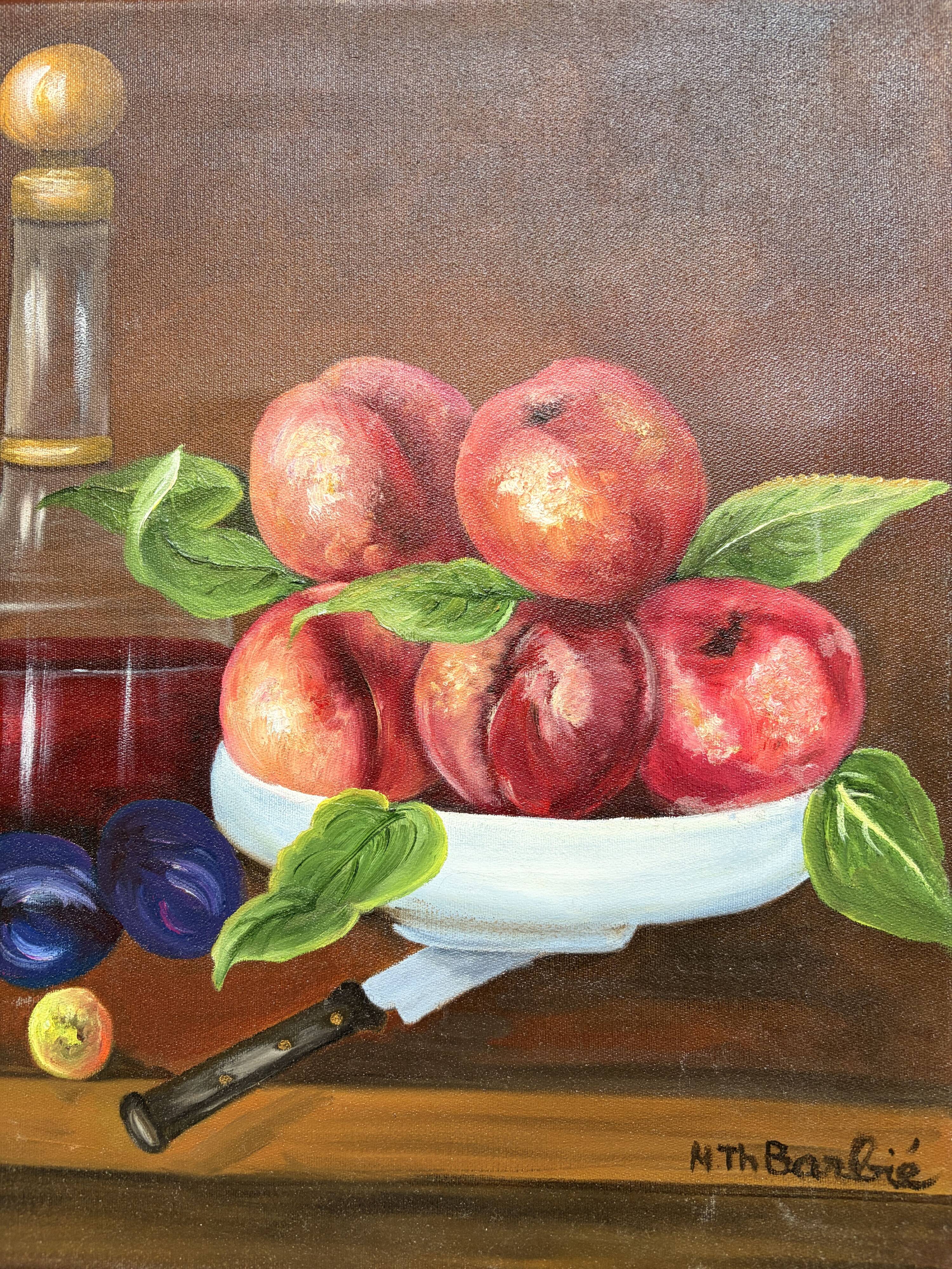 Still Life Table Fruits and Copper Jug Oil Signed Danny Wooden Frame