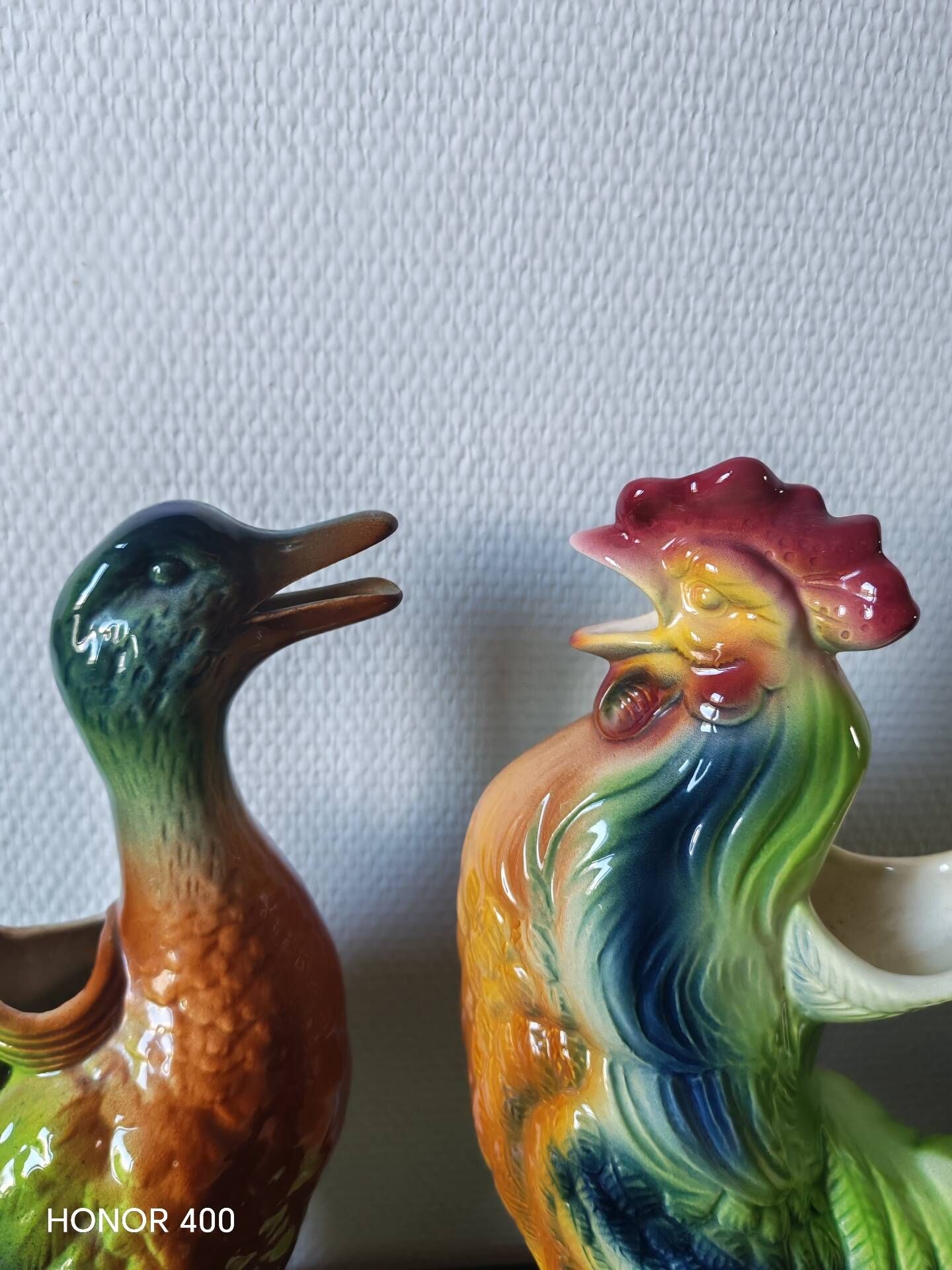 Pair of duck and rooster jugs in St Clément barbotine vintage