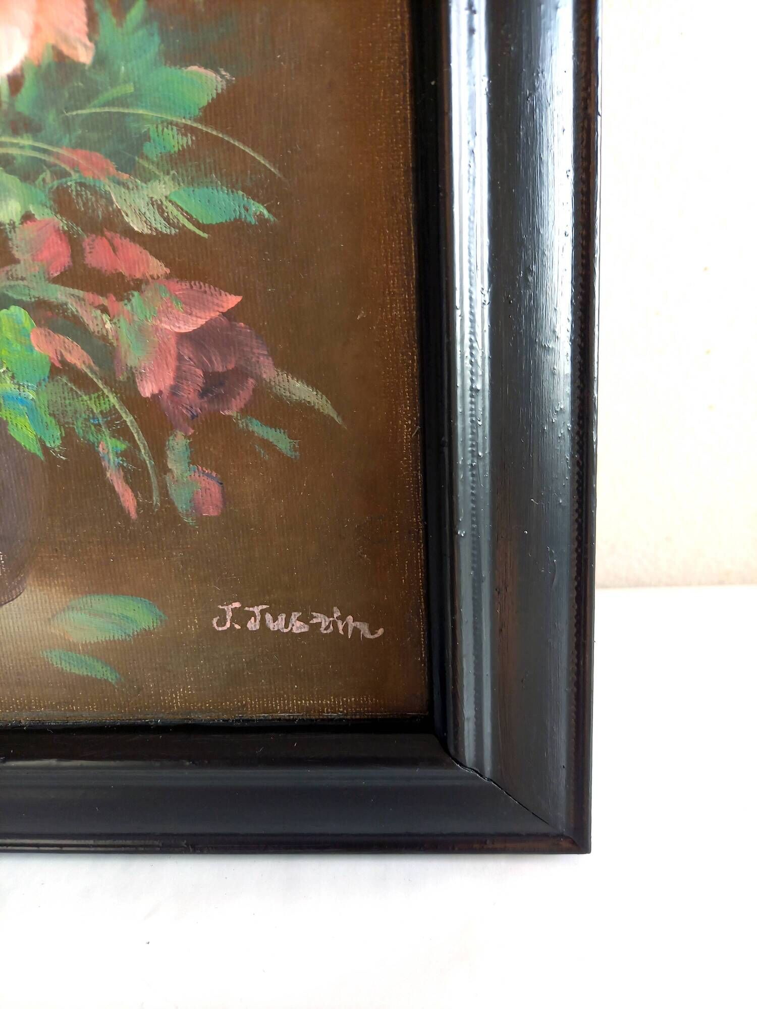 Old Painting Oil on Canvas Still Life Flowers J. Justin Signed