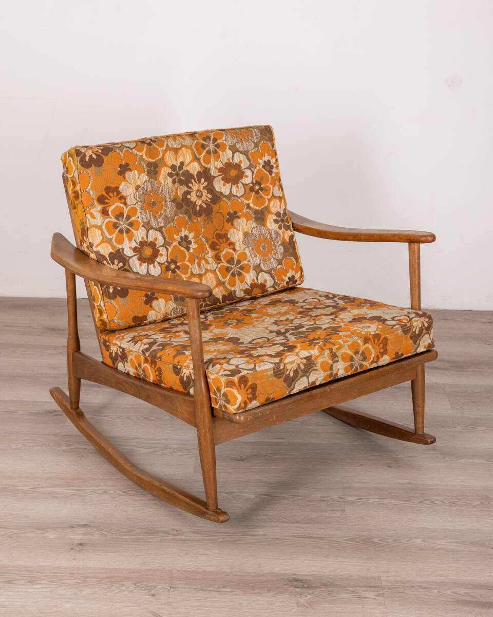 Chaise à bascule vintage des années 60 en bois et tissu, design italien