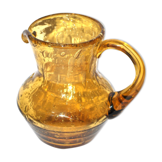 Pichet vintage en verre bullé jaune ambré La Rochère