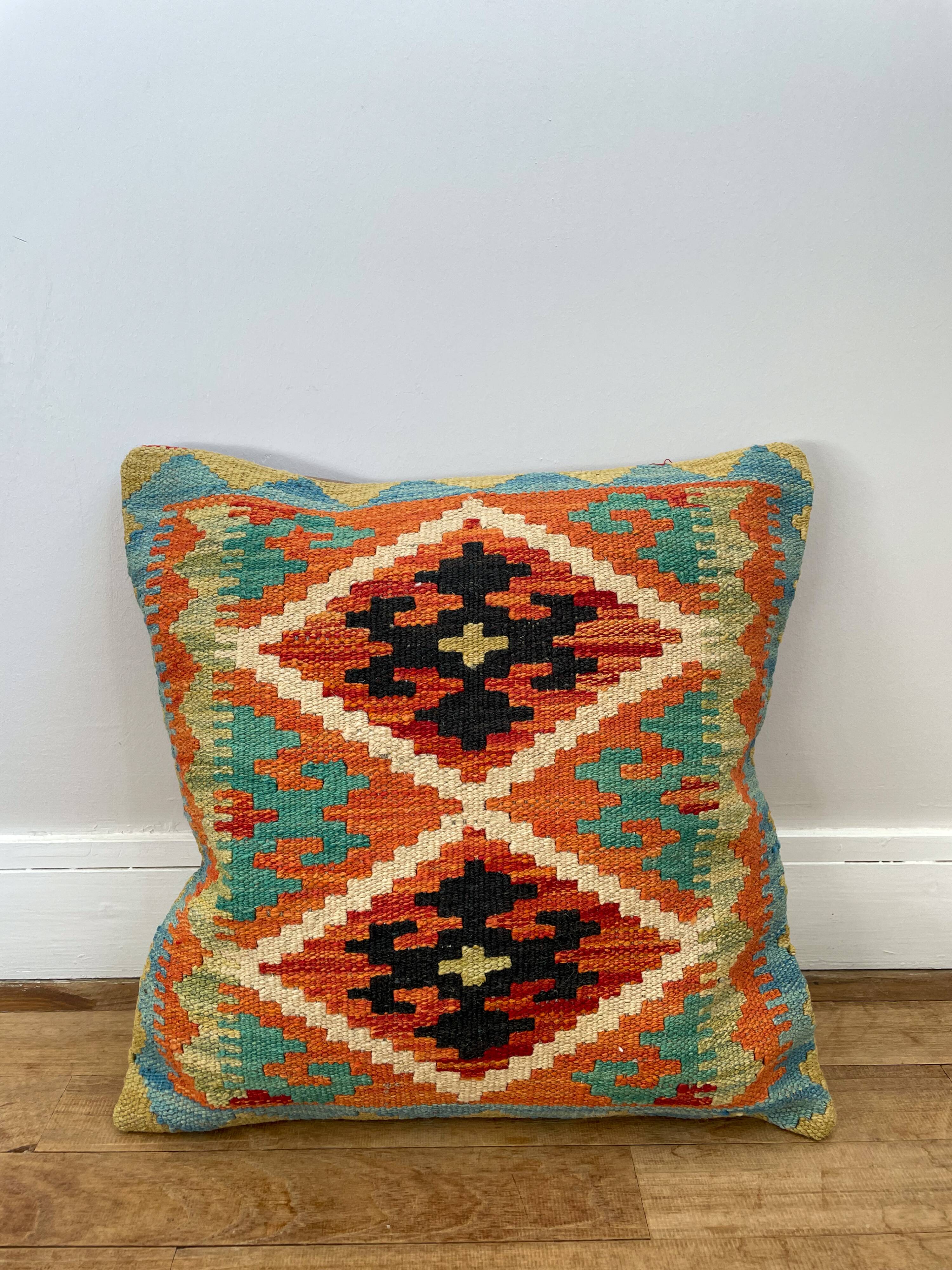 Multicolored orange afghan kilim cushion 47x47cm