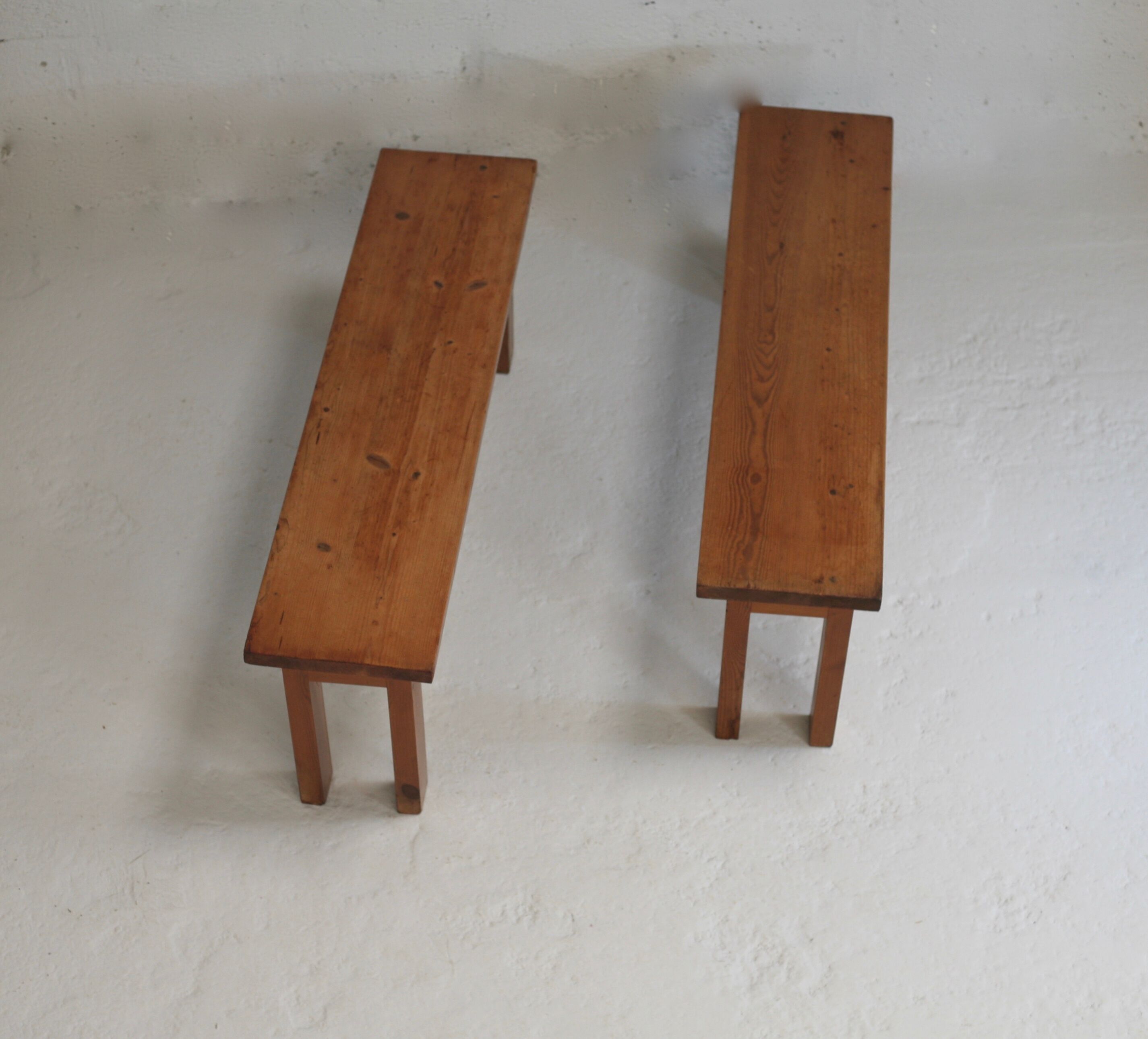 Pair of brutalist benches. Wood. France. Circa 1960.