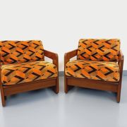 Pair of vintage walnut and velvet fabric sleigh armchairs from the 70s