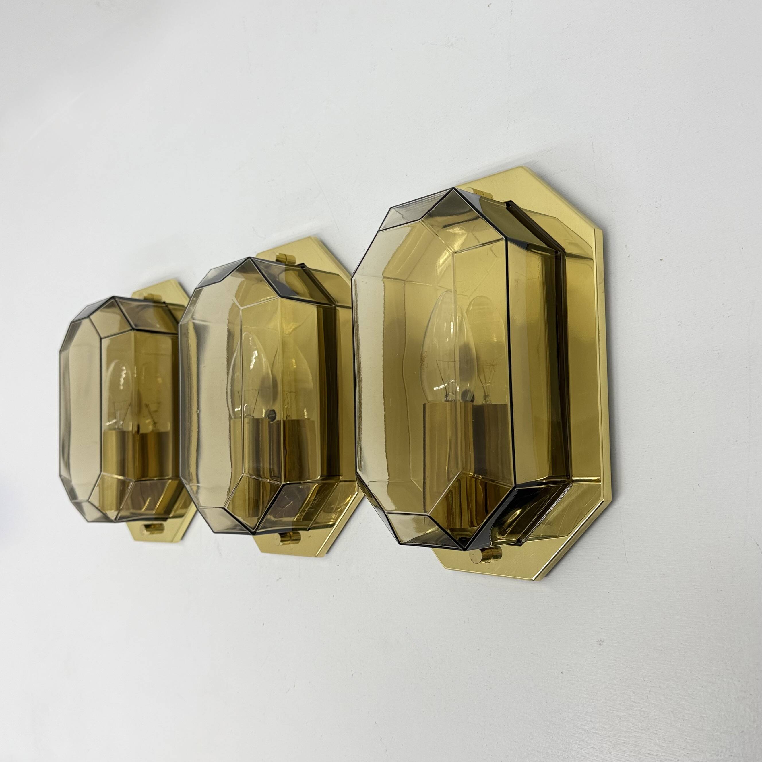 Set of 3 Limburg Glashütte smoked glass and brass wall lamps sconce , 1970s