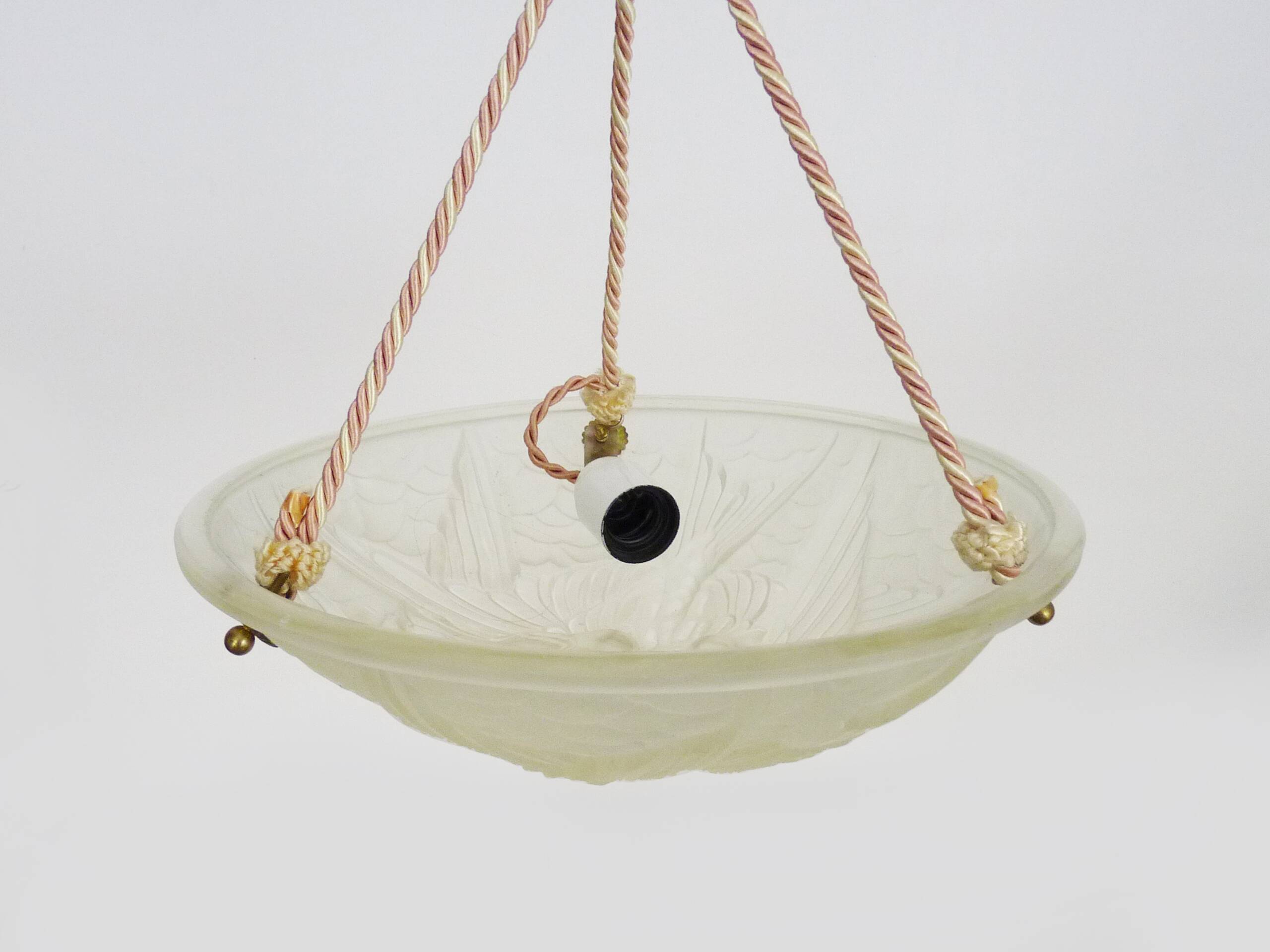 Ancien lustre, suspension vasque Art Déco 1 Feu, en pâte de verre, décor oiseaux. Années 30