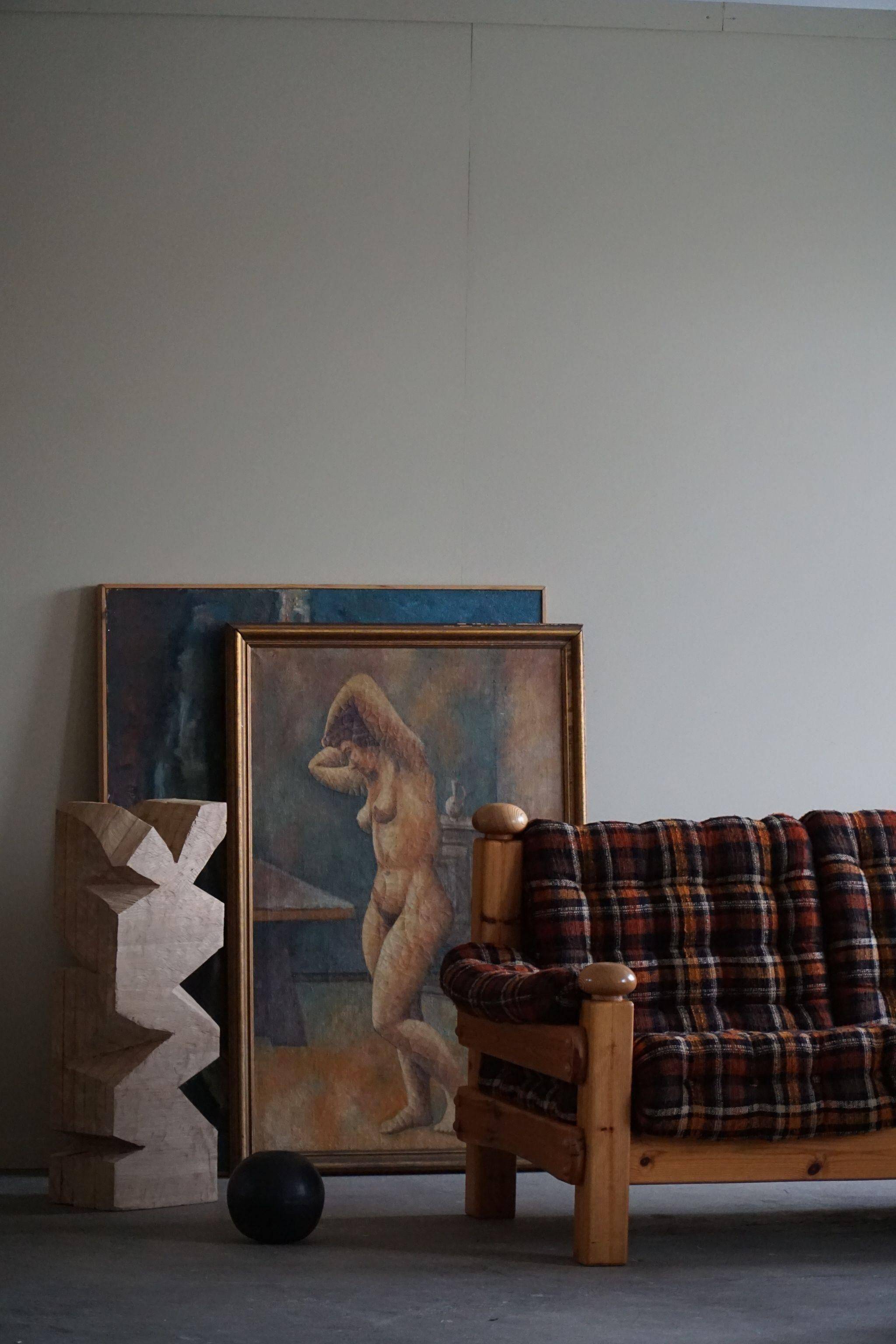 Brutalist two-seater sofa in solid pine, Swedish modernism, 1970s.