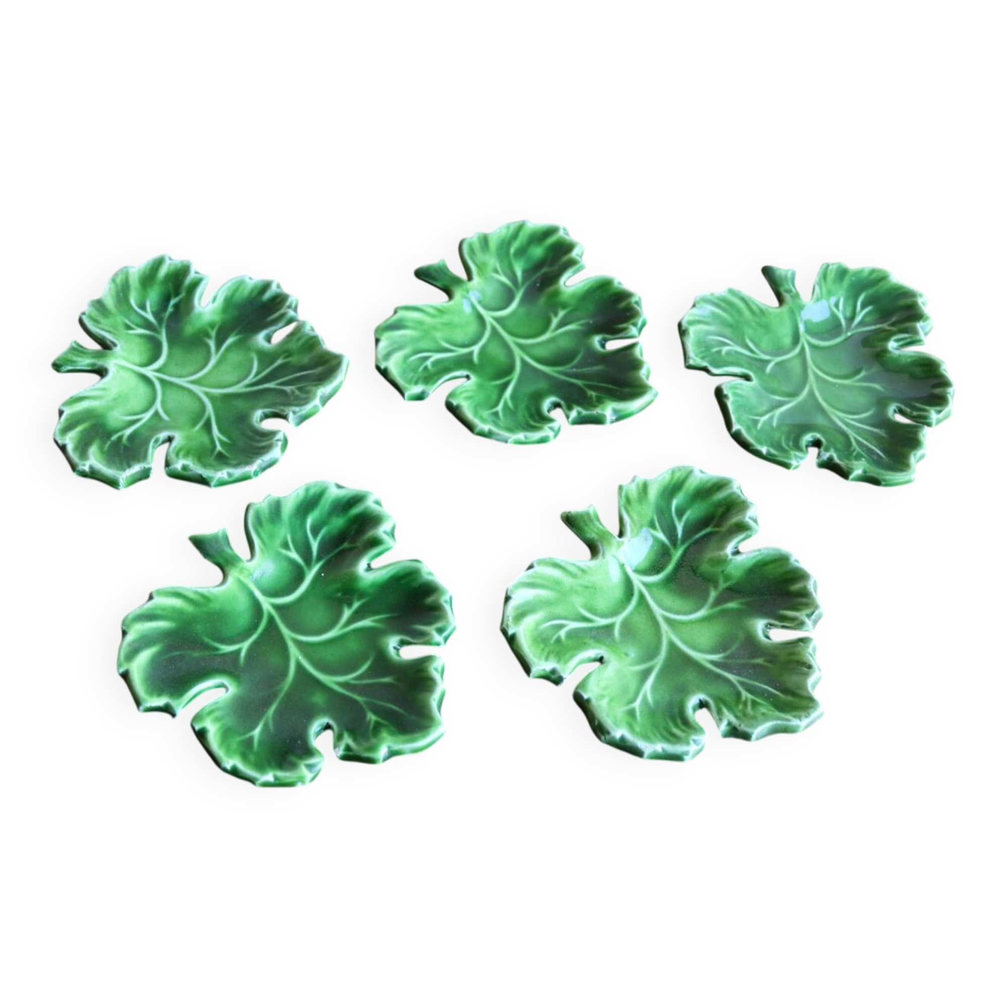 Set of 5 green ceramic leaf dishes – Vallauris