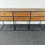 Antique wooden console with black metal base and 6 drawers