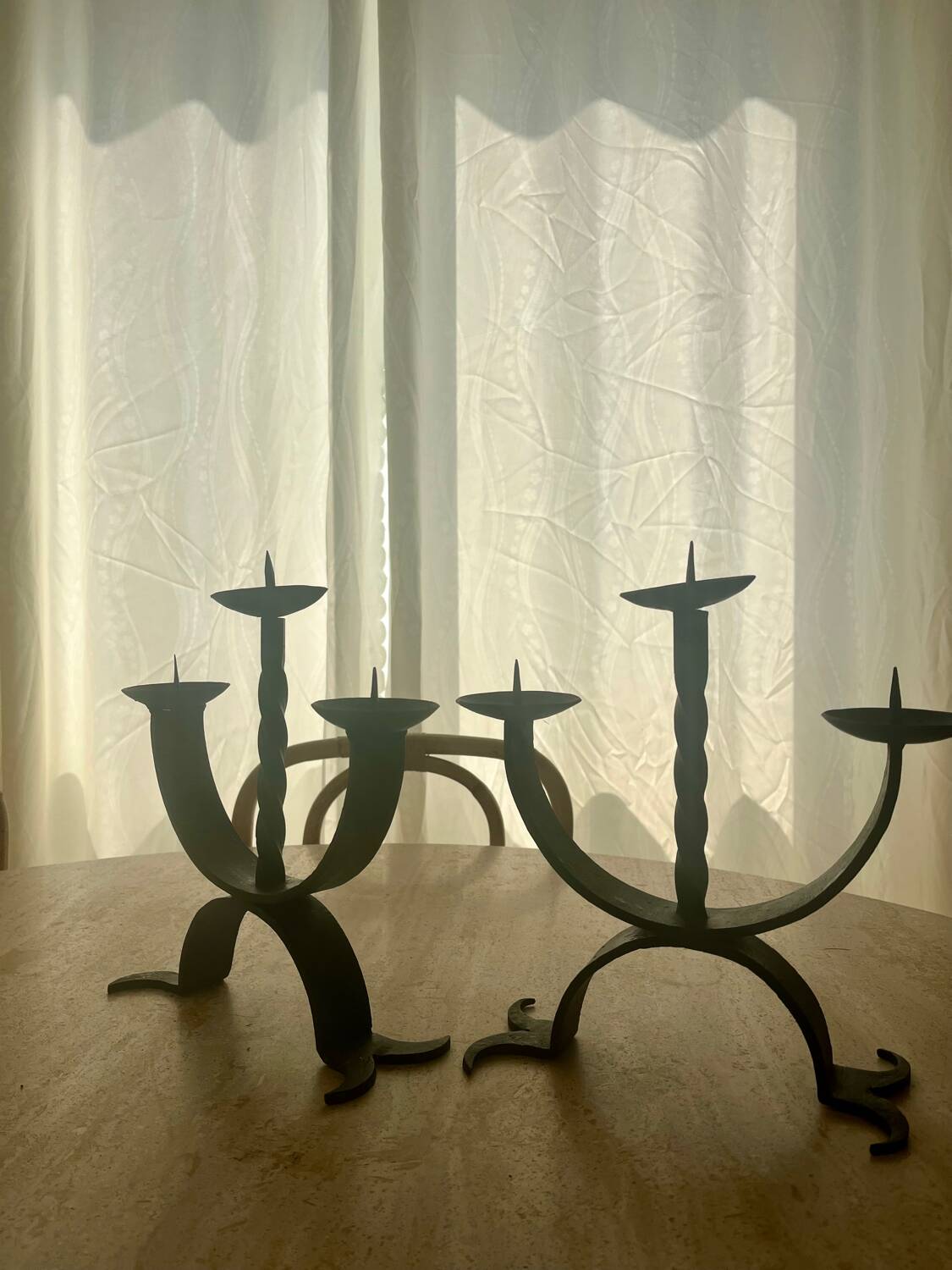 Pair of brutalist wrought iron candlesticks from the 1950s