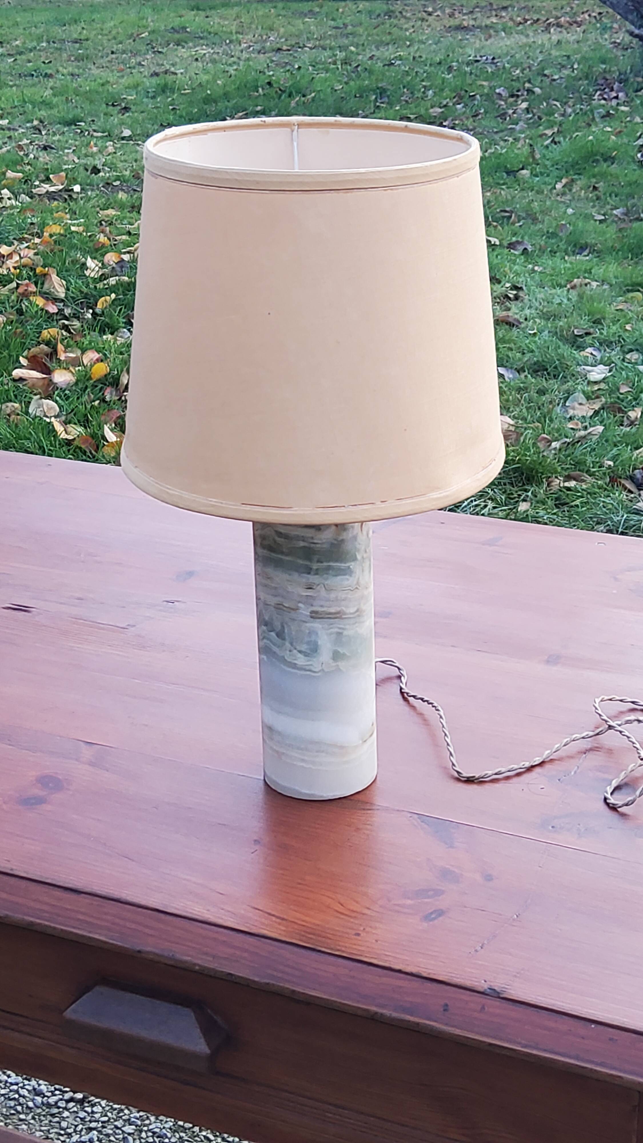 Designer lamp from the 70s in almond green onyx with original fabric shade