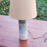 Designer lamp from the 70s in almond green onyx with original fabric shade