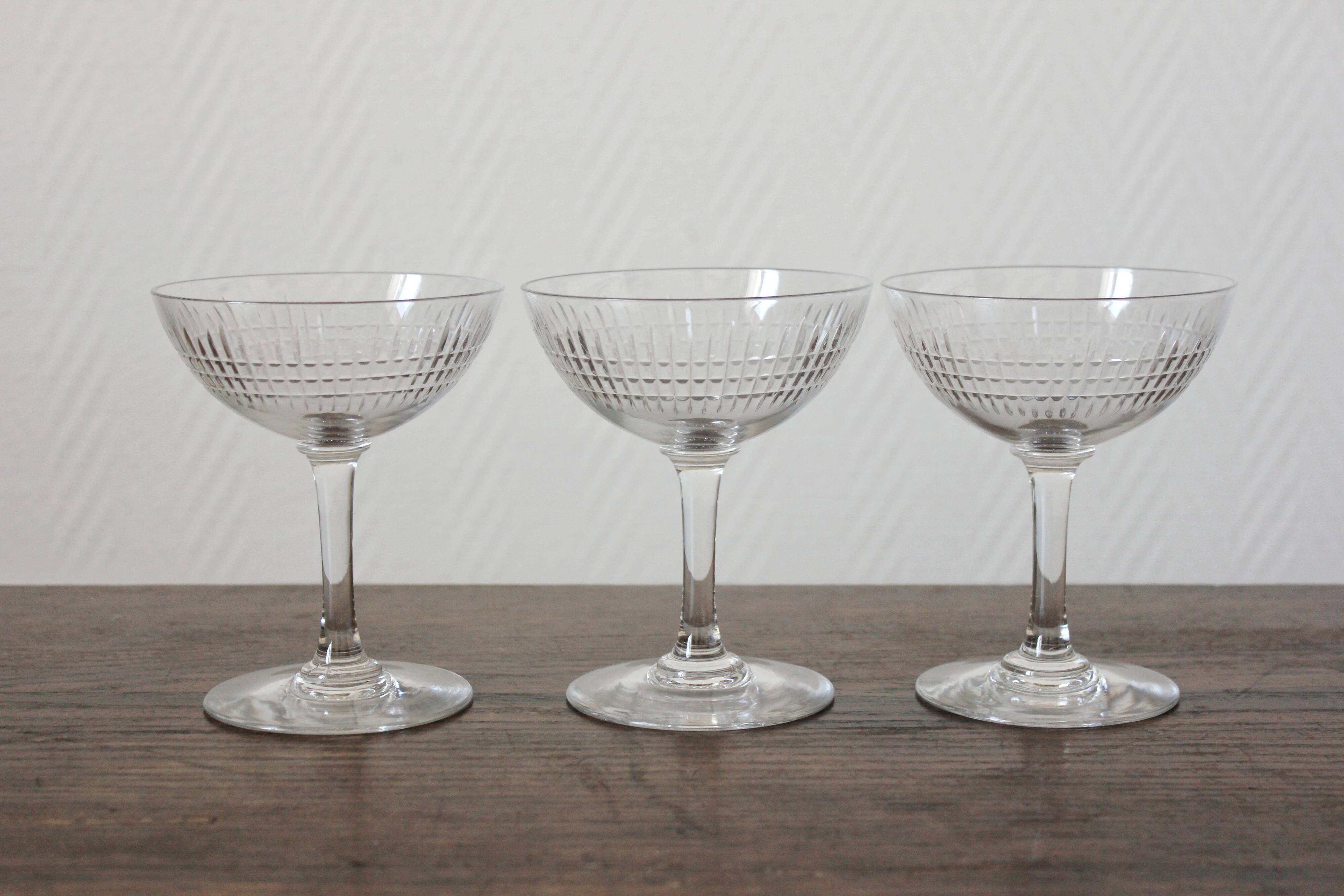 3 antique champagne glasses in ridged engraved crystal