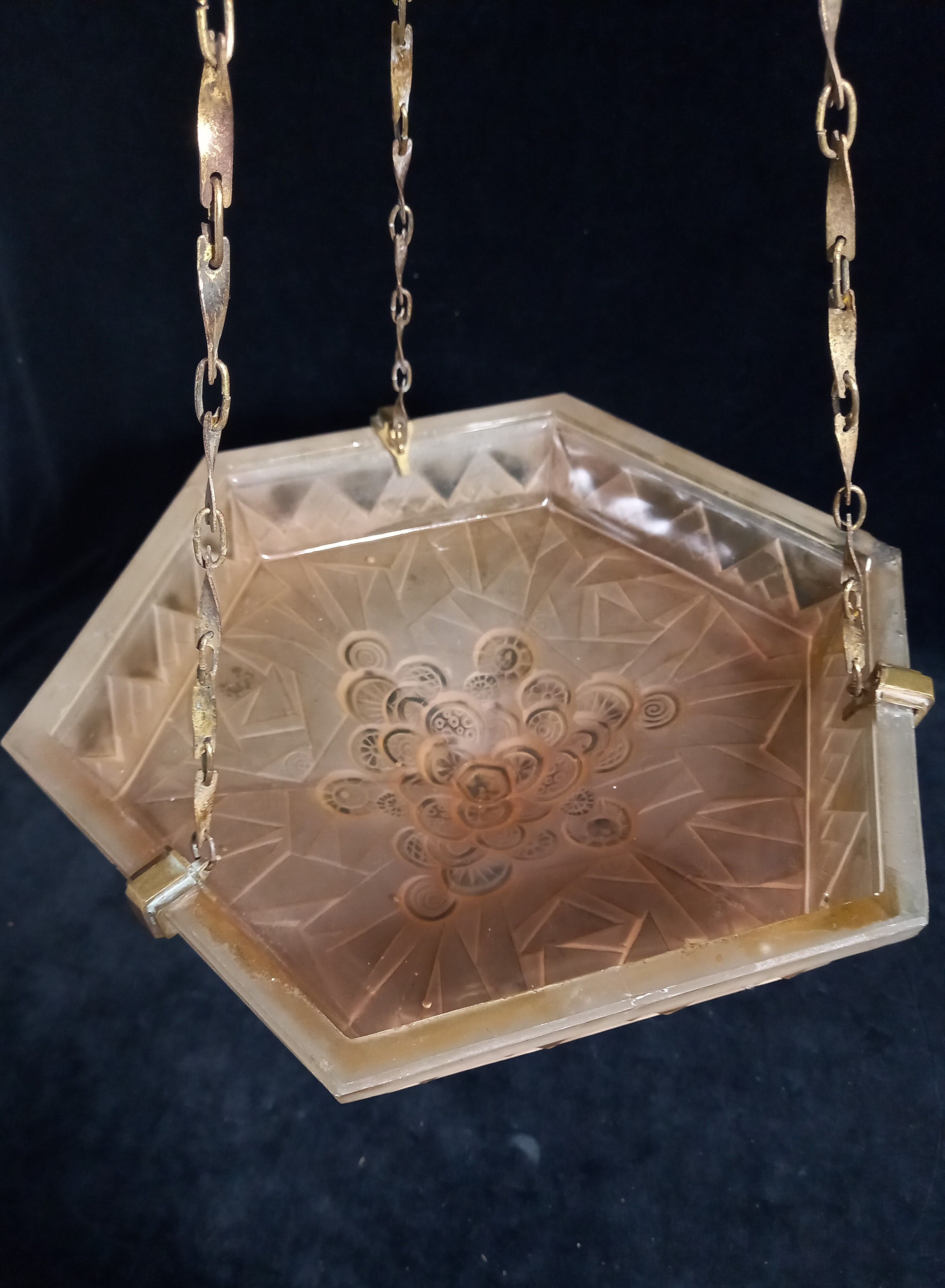 Art Deco pendant lamp in pink frosted glass signed Muller Frêres Luneville