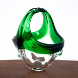 Glass green decorative basket, Czechoslovakia, 1960s