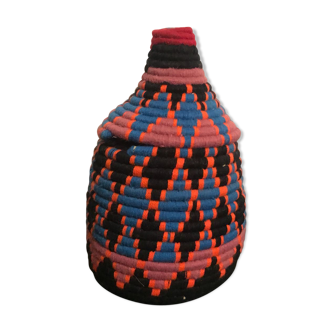 Berber wool and black and Red raffia basket