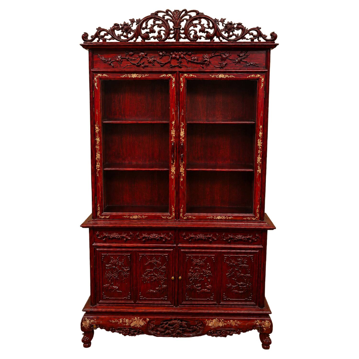 Bibliothèque En Bois Laqué Rouge Sculpté et dorure