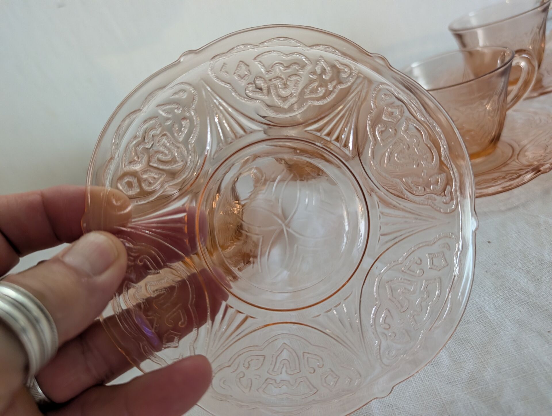 Art Deco pink glass coffee service from the 1930s.