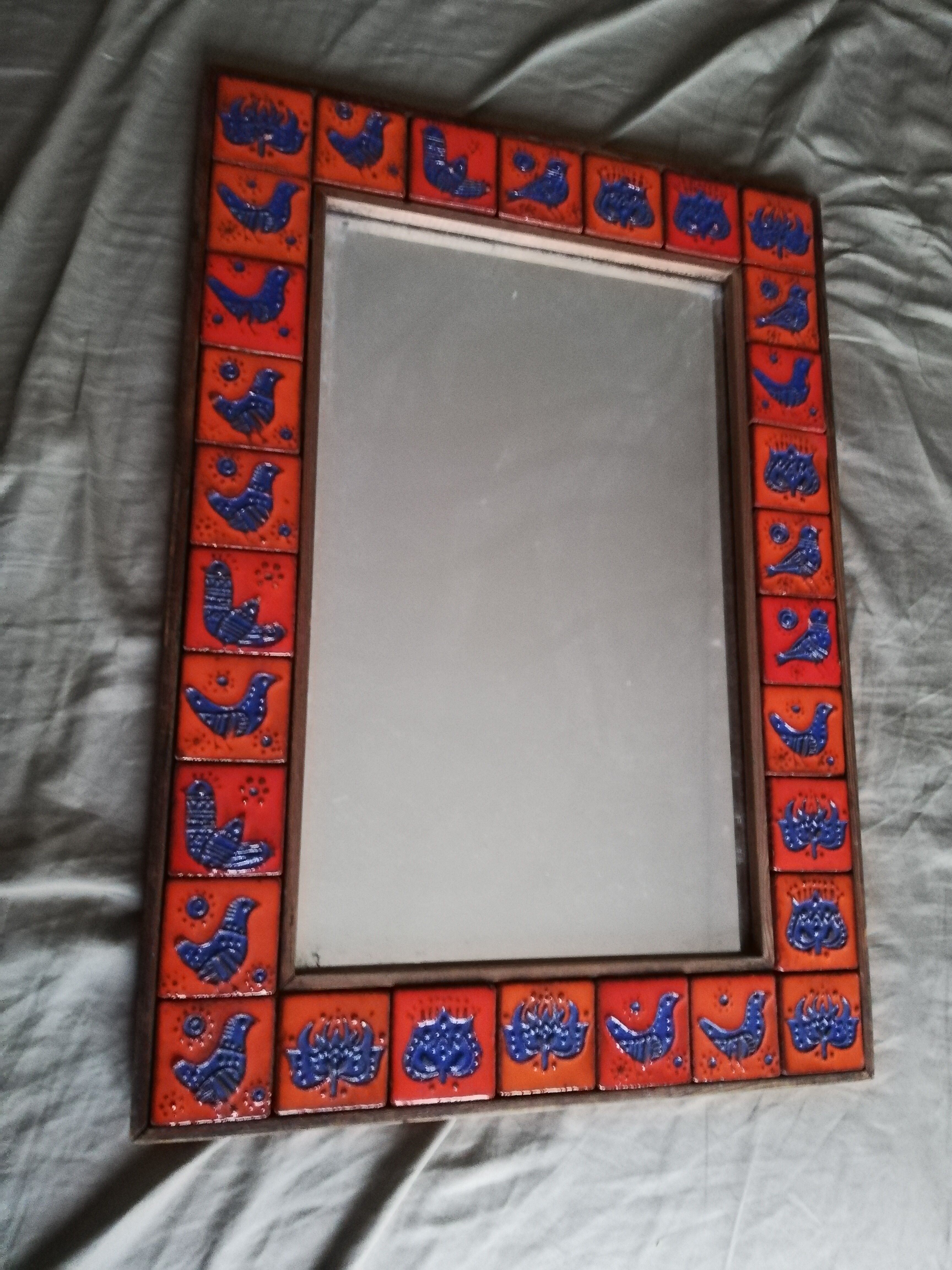 Large wood mirror and ceramic tiles vintage mosaic 59x35cm