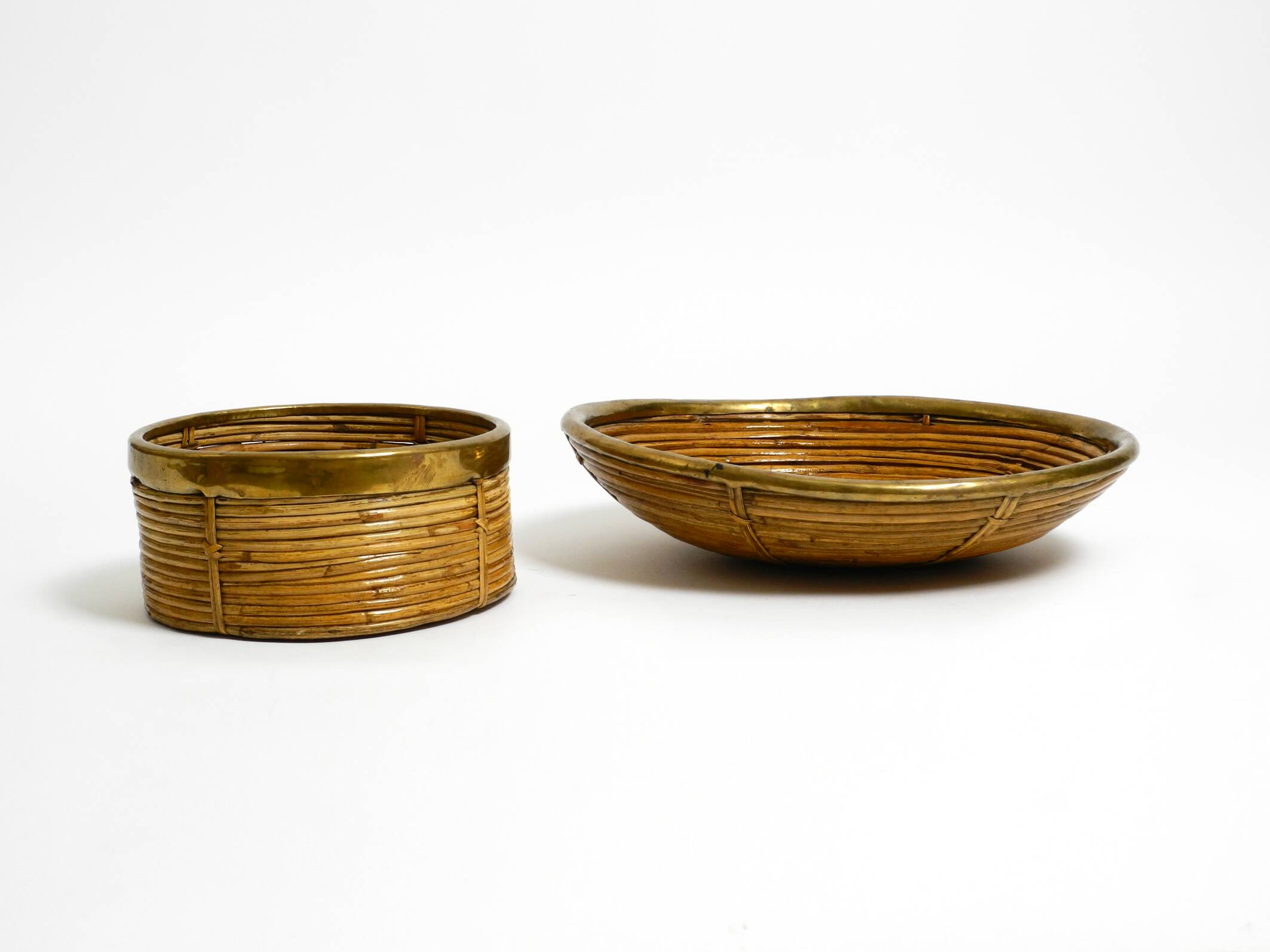 A pair of beautiful Italian Mid Century Modern bamboo bowls with brass rims