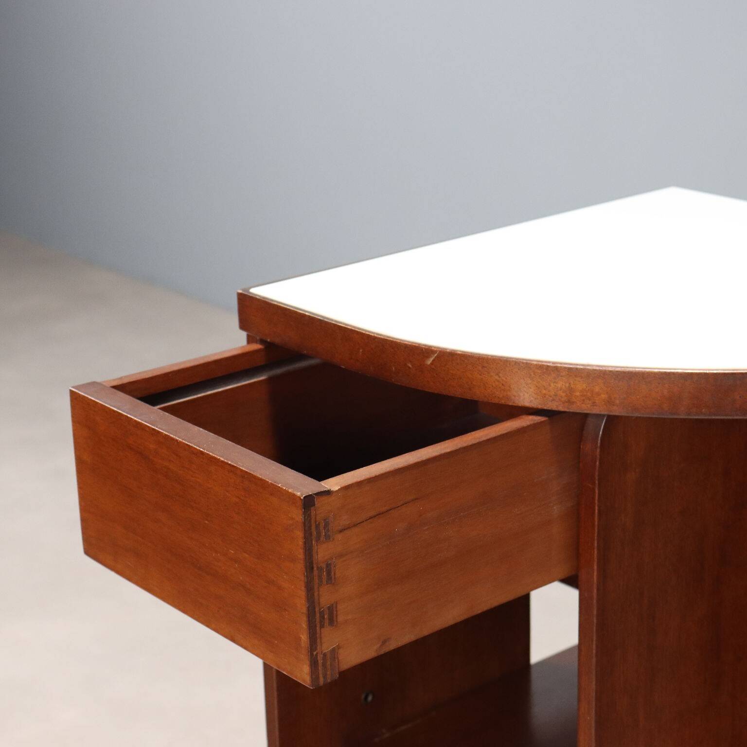 Small vintage cabinet in wood and white glass, Italian design, 1960s-1970s, original