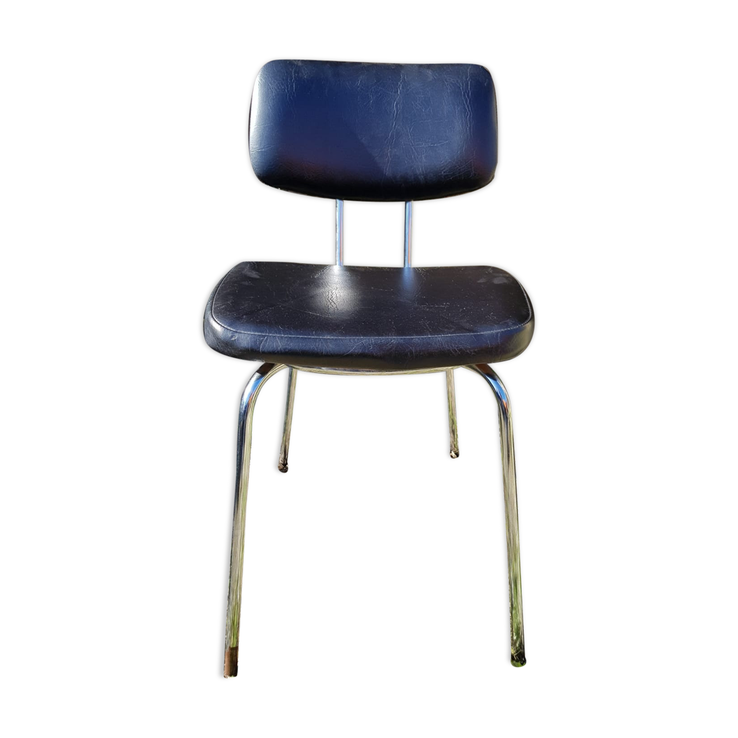 Chromé metal chair - seated - black skaï file vintage 70s