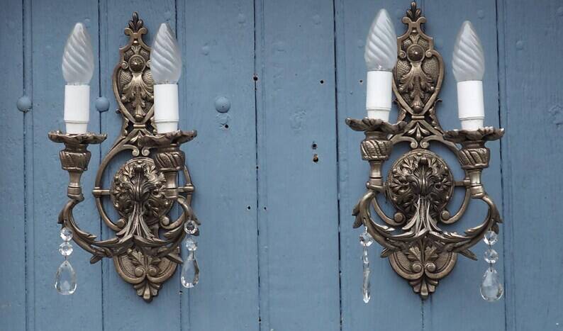 Italian Hollywood Regency Crystal Wall Lights – Silvered Metal Double Arm Light