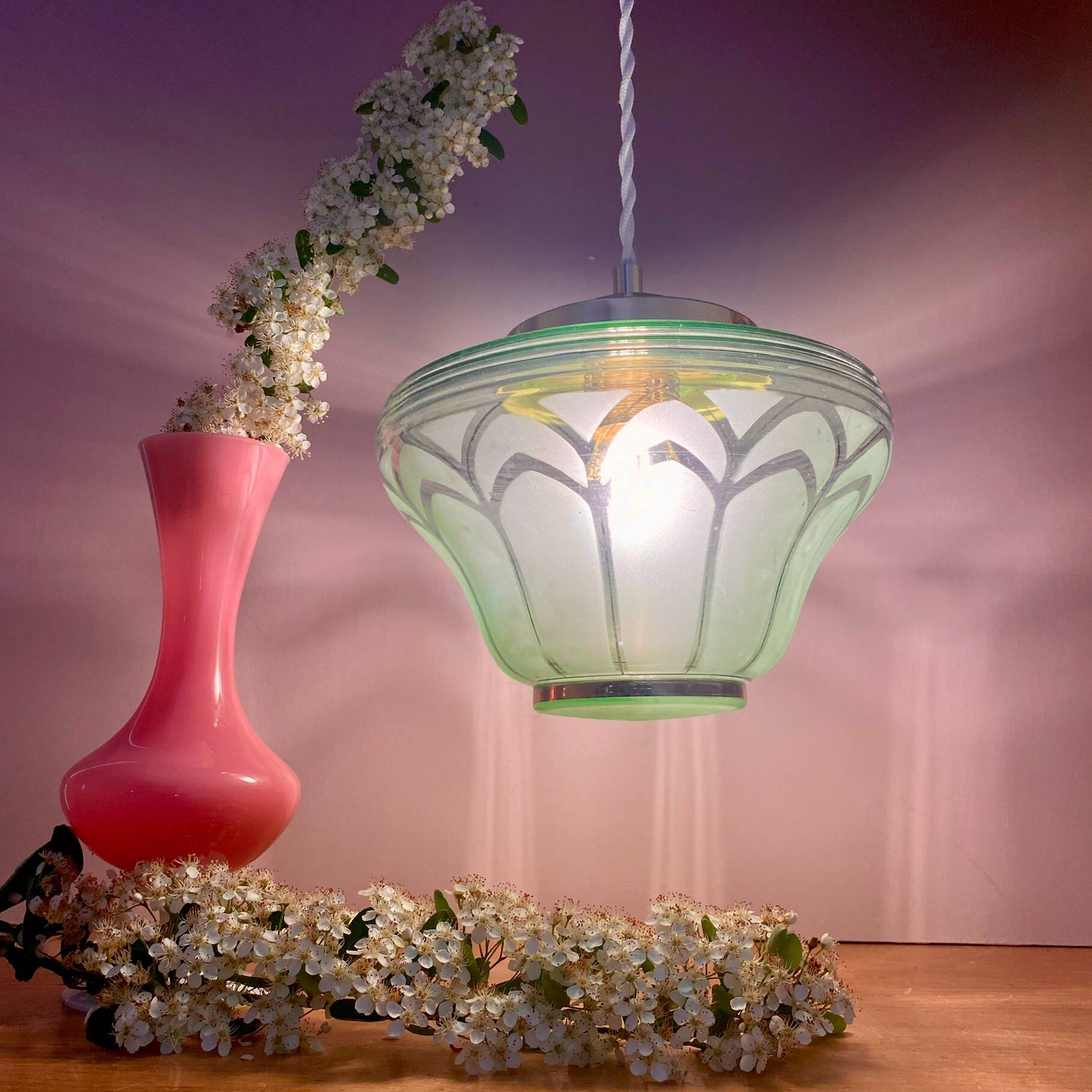 Vintage art deco globe pendant light in green and gold frosted glass