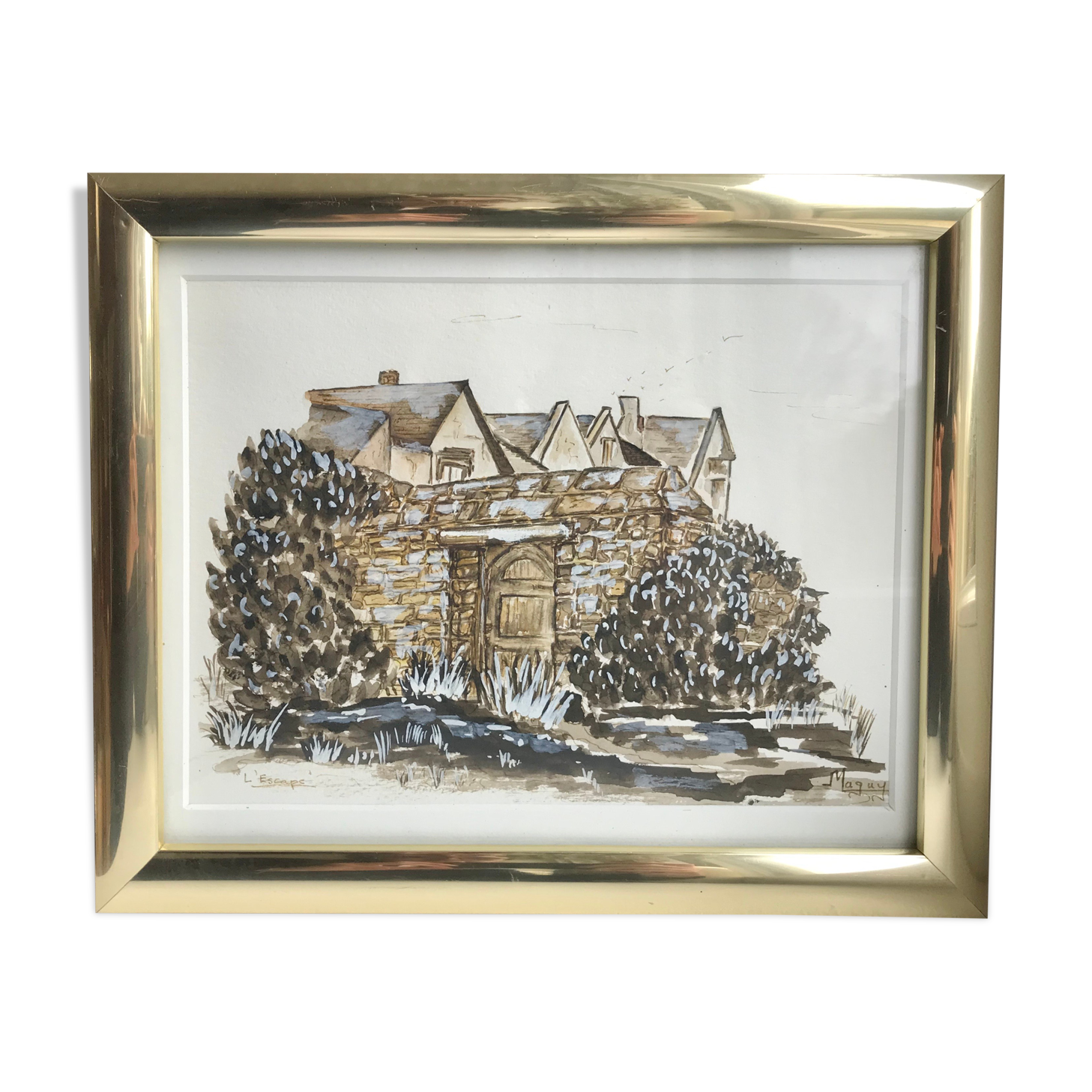 Watercolor The framed escape signed Maguy