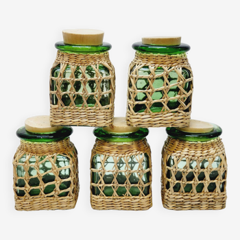 5 green glass jars and wicker canework (spices, condiments...)