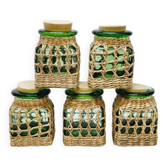 5 green glass jars and wicker canework (spices, condiments...)