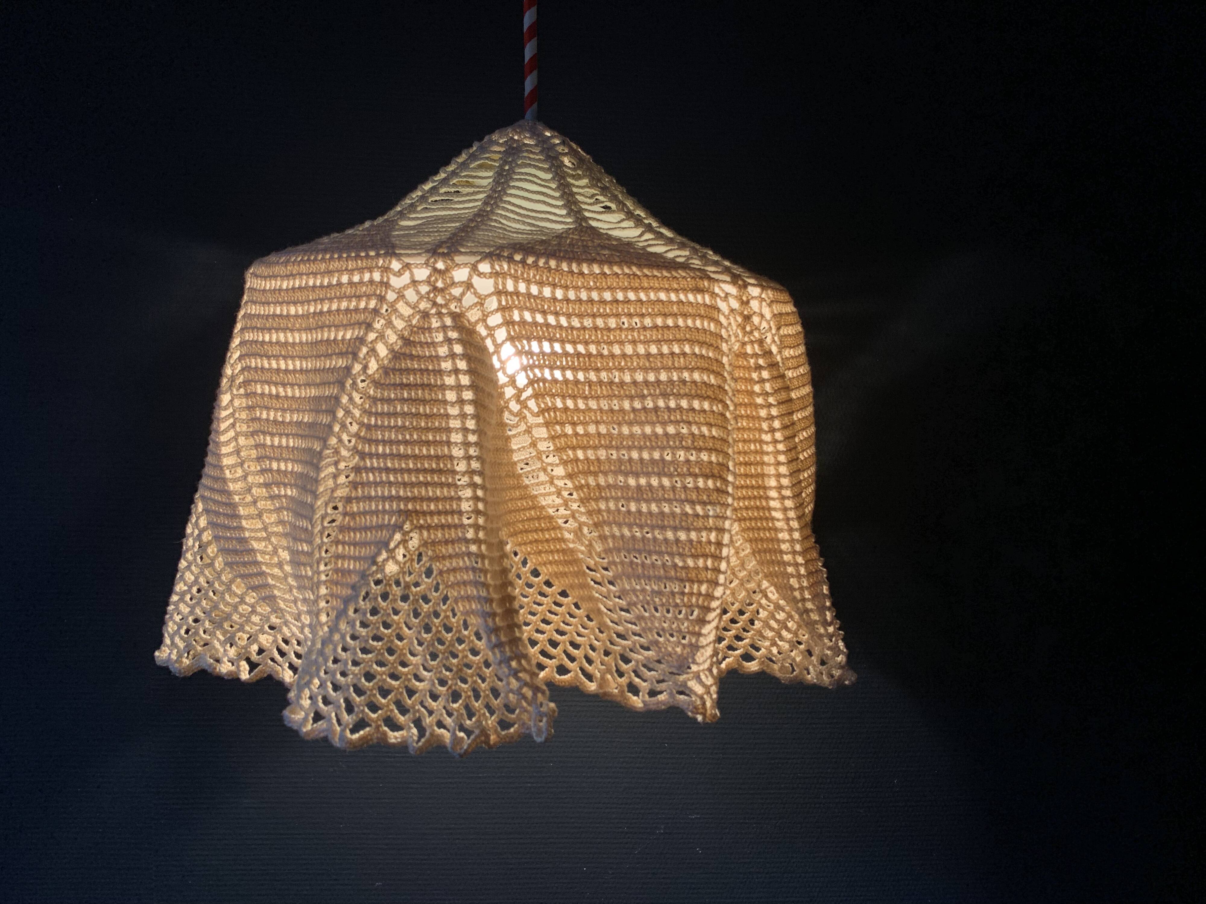 White opaline pendant light and handmade antique crochet lampshade
