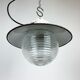 Industrial porcelain red enamel pendant light with ribbed clear glass, 1970s