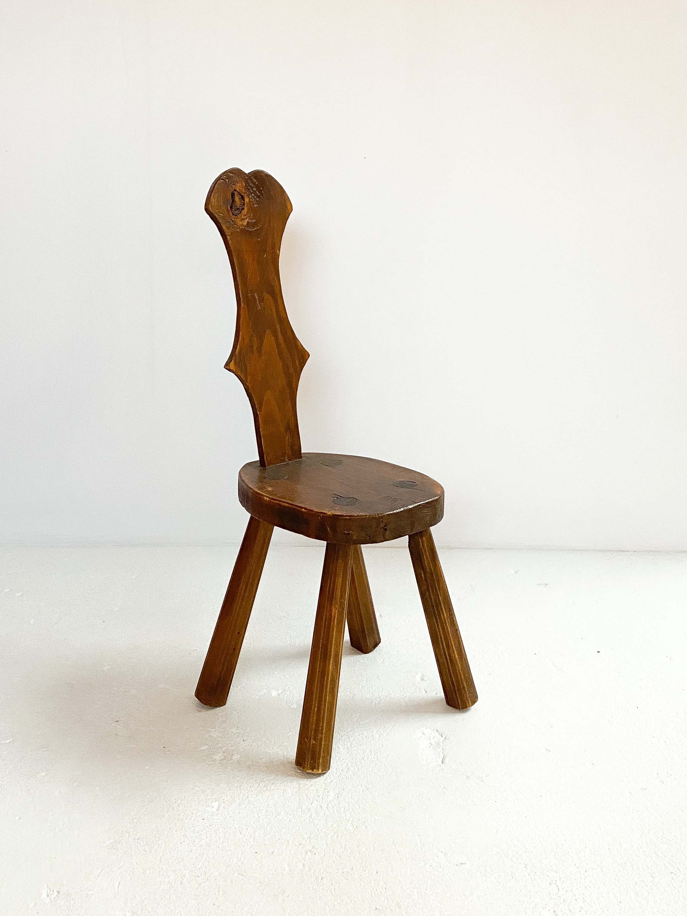 Brutalist pine side stool, mid-century, french