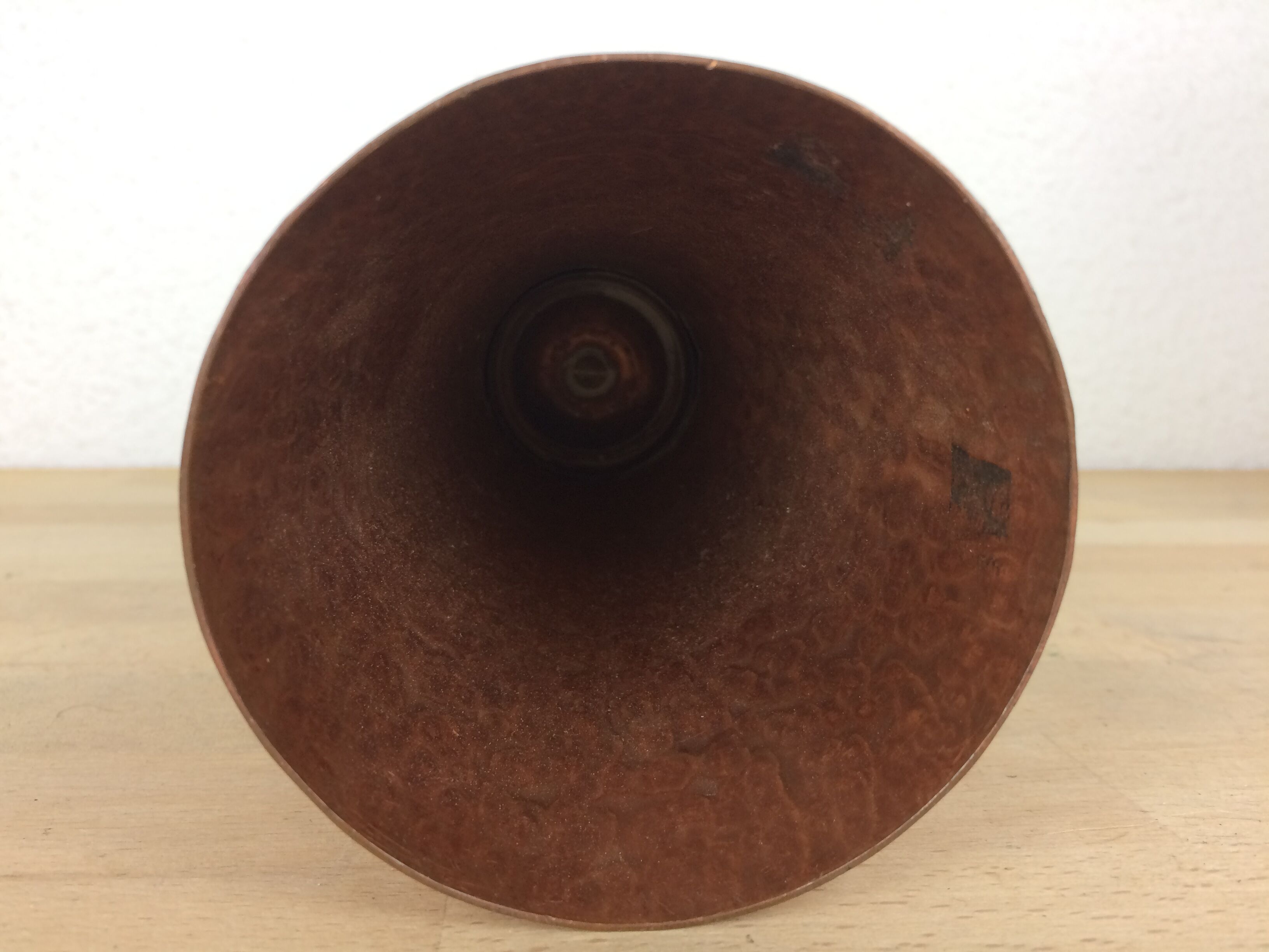 Modernist Scandinavian candle holder in hammered copper